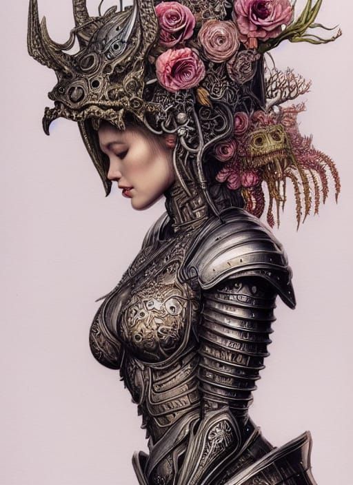 Armored Woman with Floral Headdress, Hyperdetailed Splash Ar...