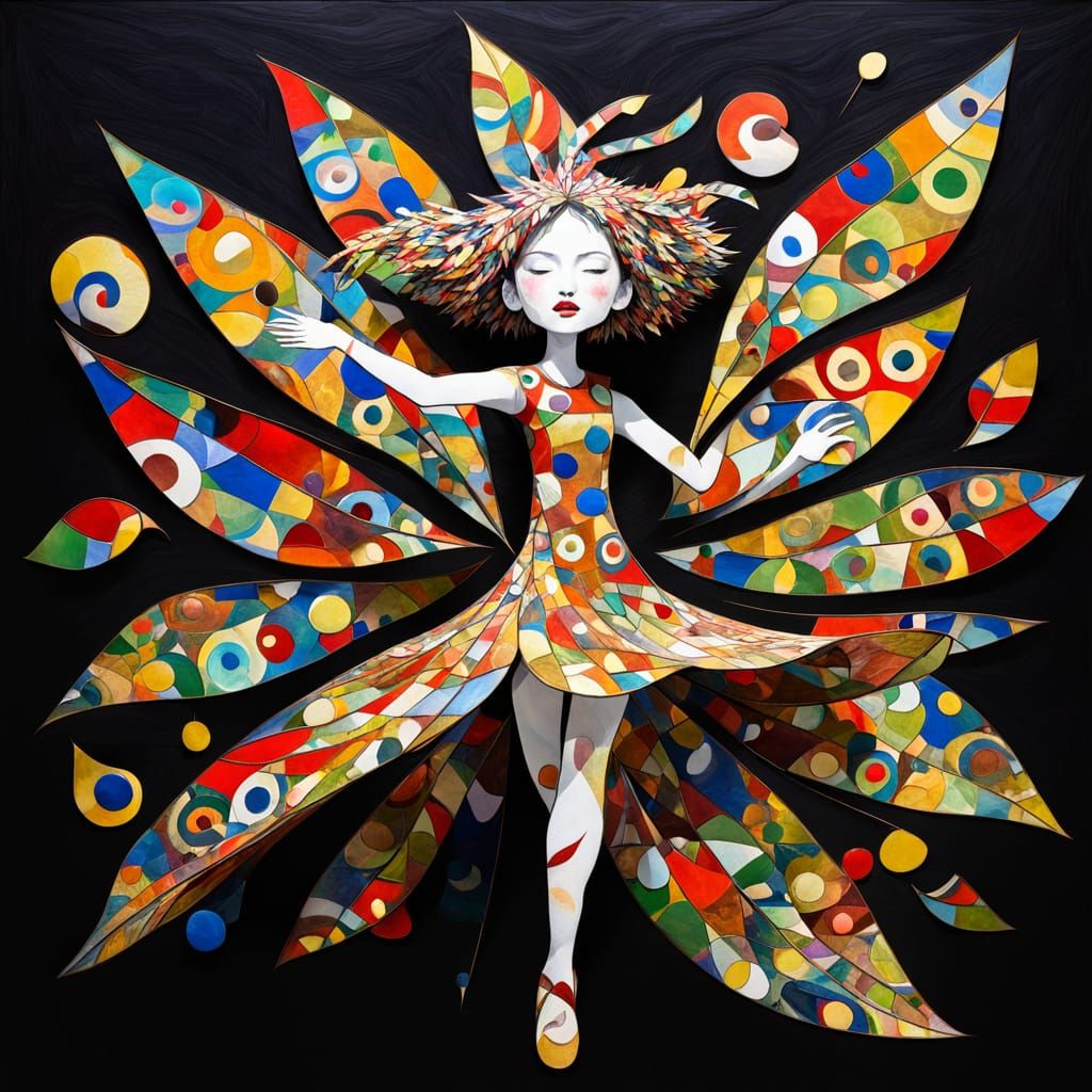 Dancing Leaf Woman in Abstract Cubism Style
