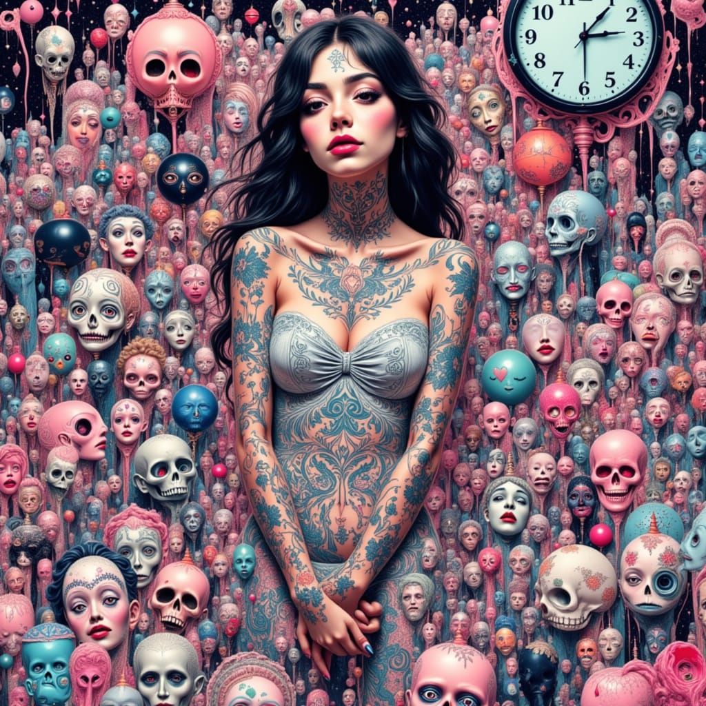 Pastel Goth Woman in Hyper-Maximalist Surreal Scene