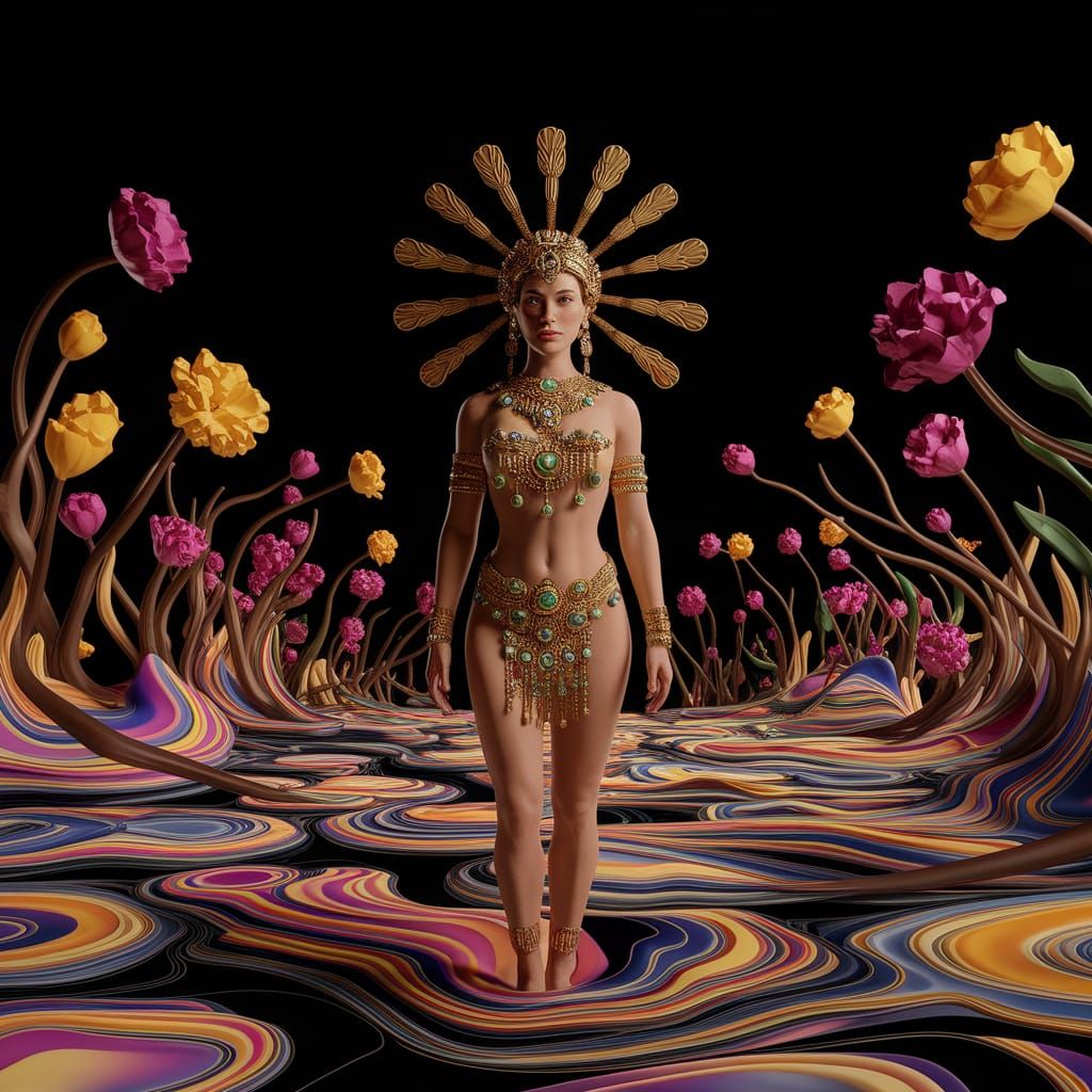Aztec Princess in Surreal Cubist Landscape