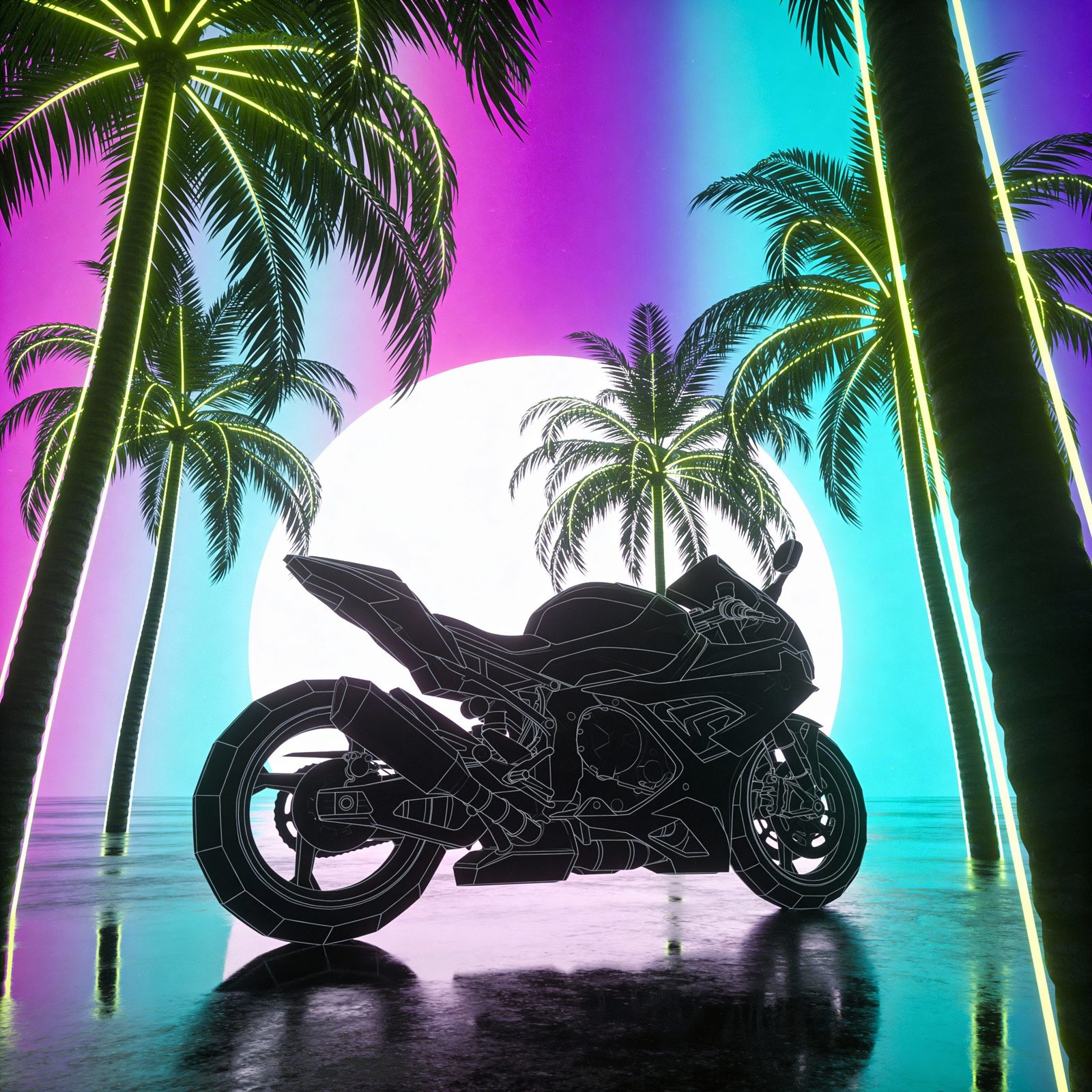 Retro Summer Motorcycle Silhouette on Neon Gradient