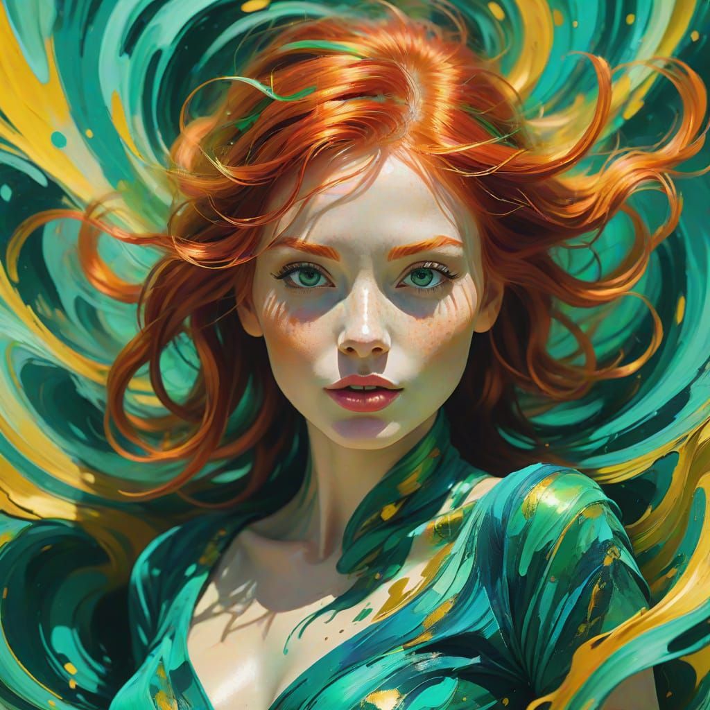 Redhead Emerges from Swirling Colors in Abstract Expressioni...
