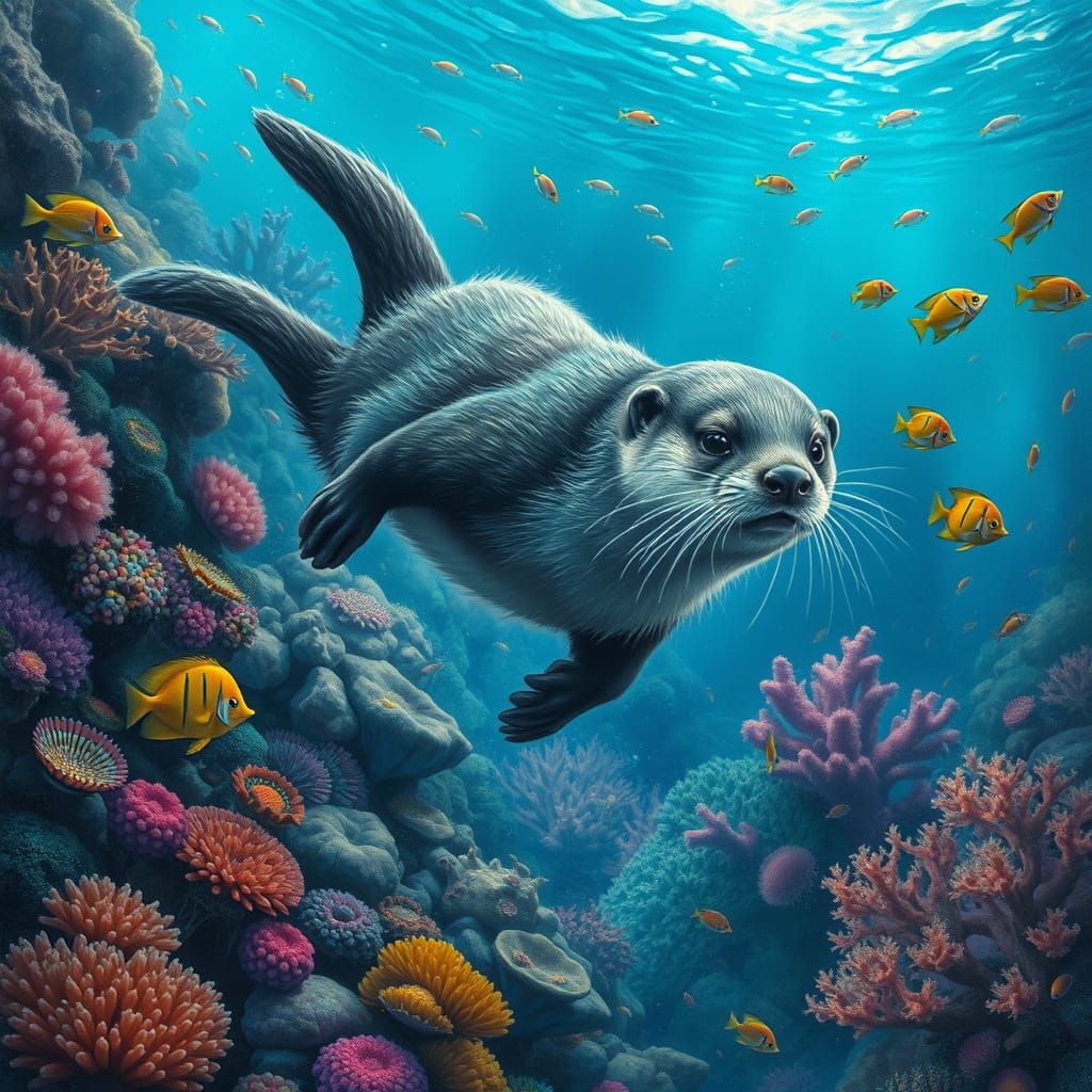 Ethereal Bioluminescent Otter Dives Through Coral Reef in Ch...