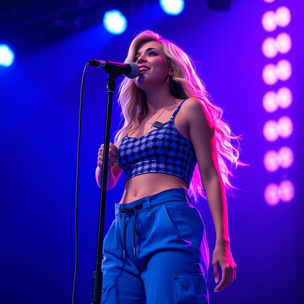 Radiant Woman Singing Under Blue Stage Lighting