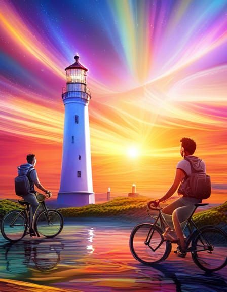 Father and Son Cycling at Sunset: Cosmic Illustration