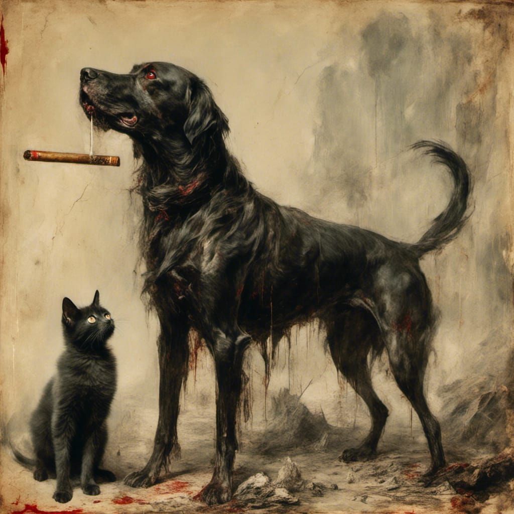 Macabre Black Dog Smoking Cigar with Scared Cat
