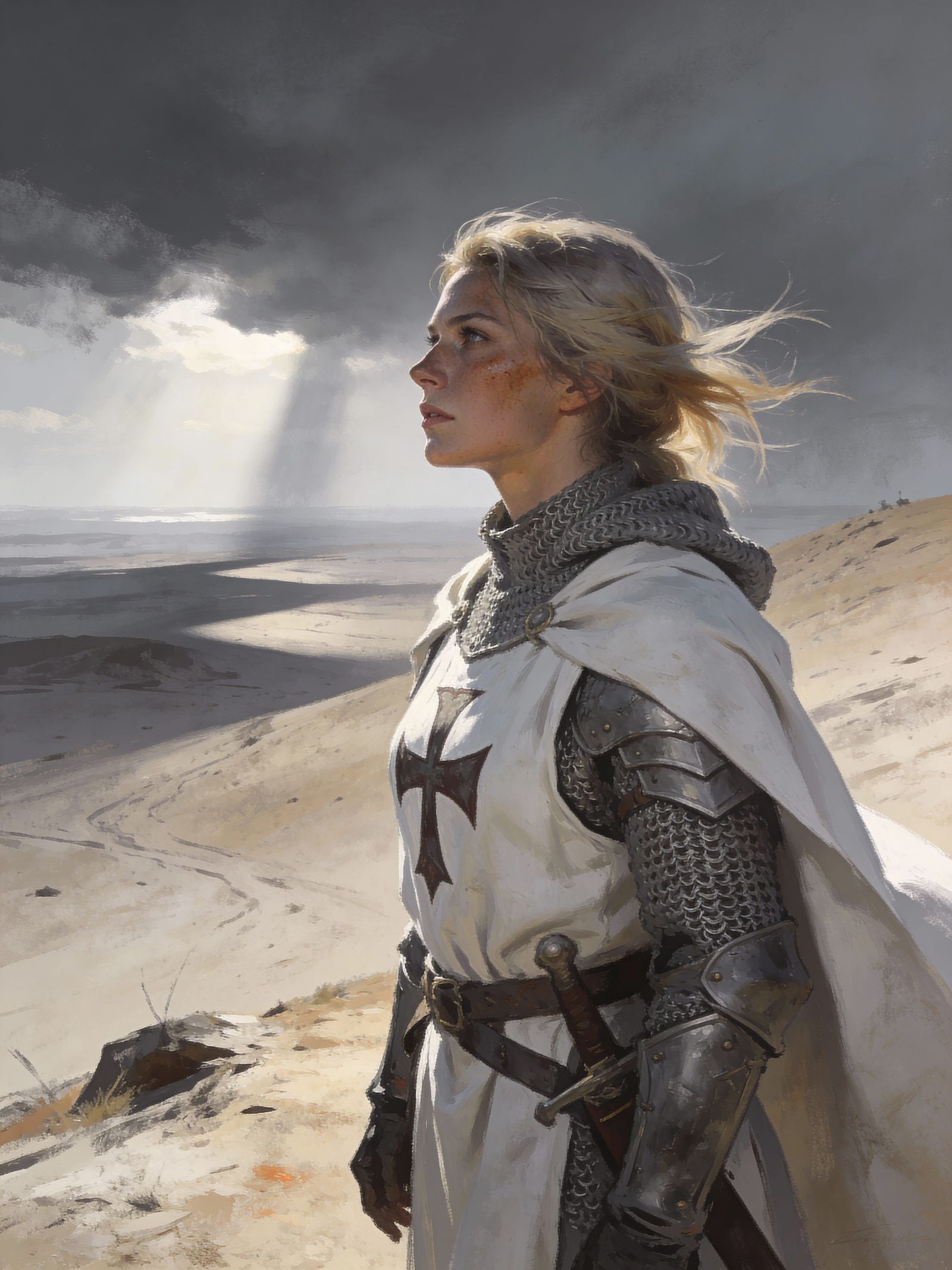 Female Templar Knight on Windswept Hill