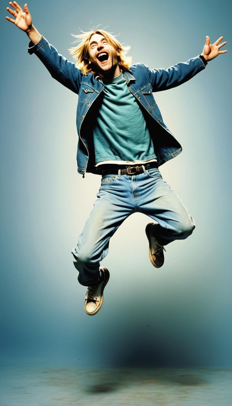 Joyful Kurt Cobain Leaps Upward in Celebration