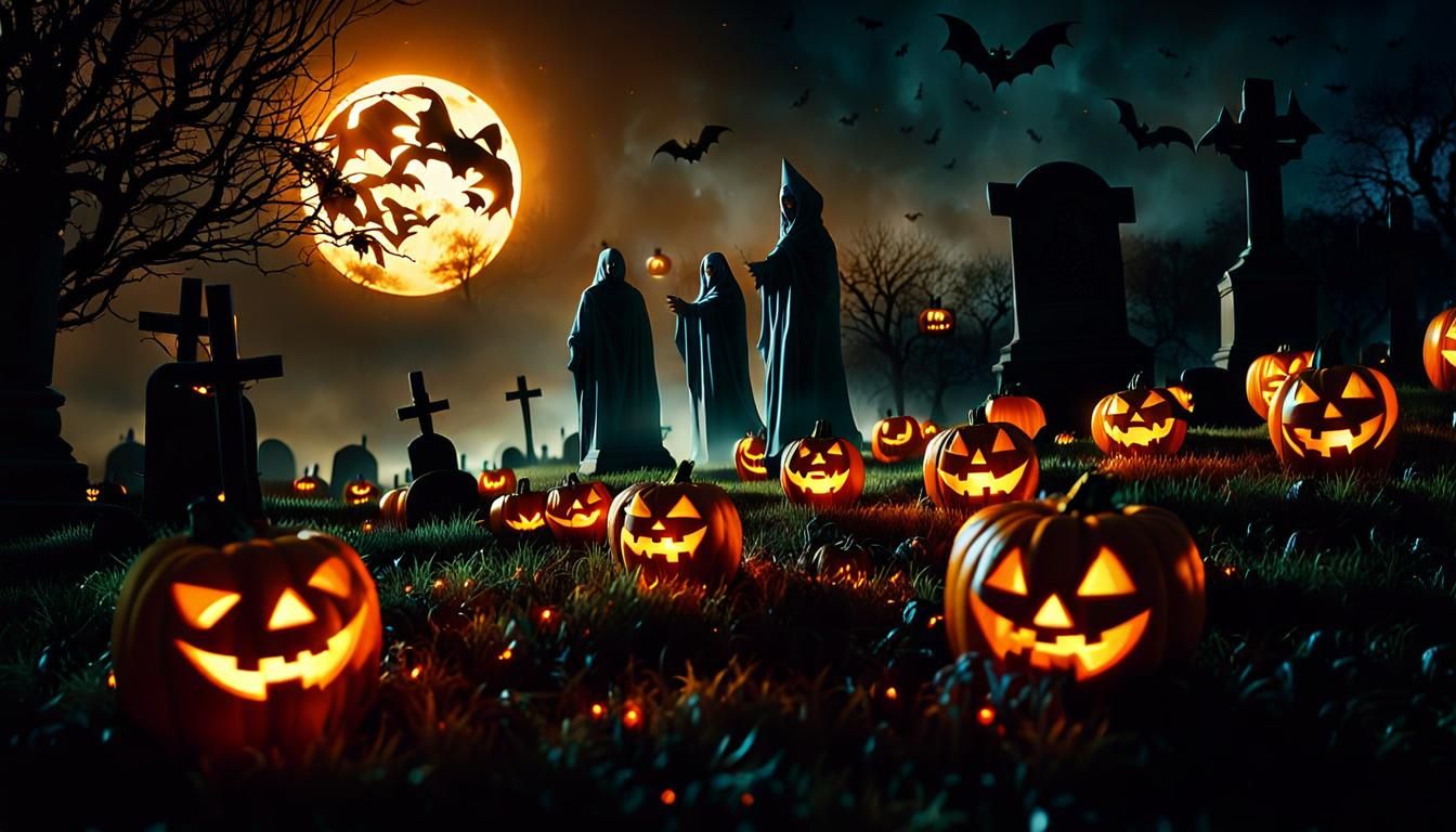 Ghosts in Graveyard with Jack-o-Lanterns in Moonlight