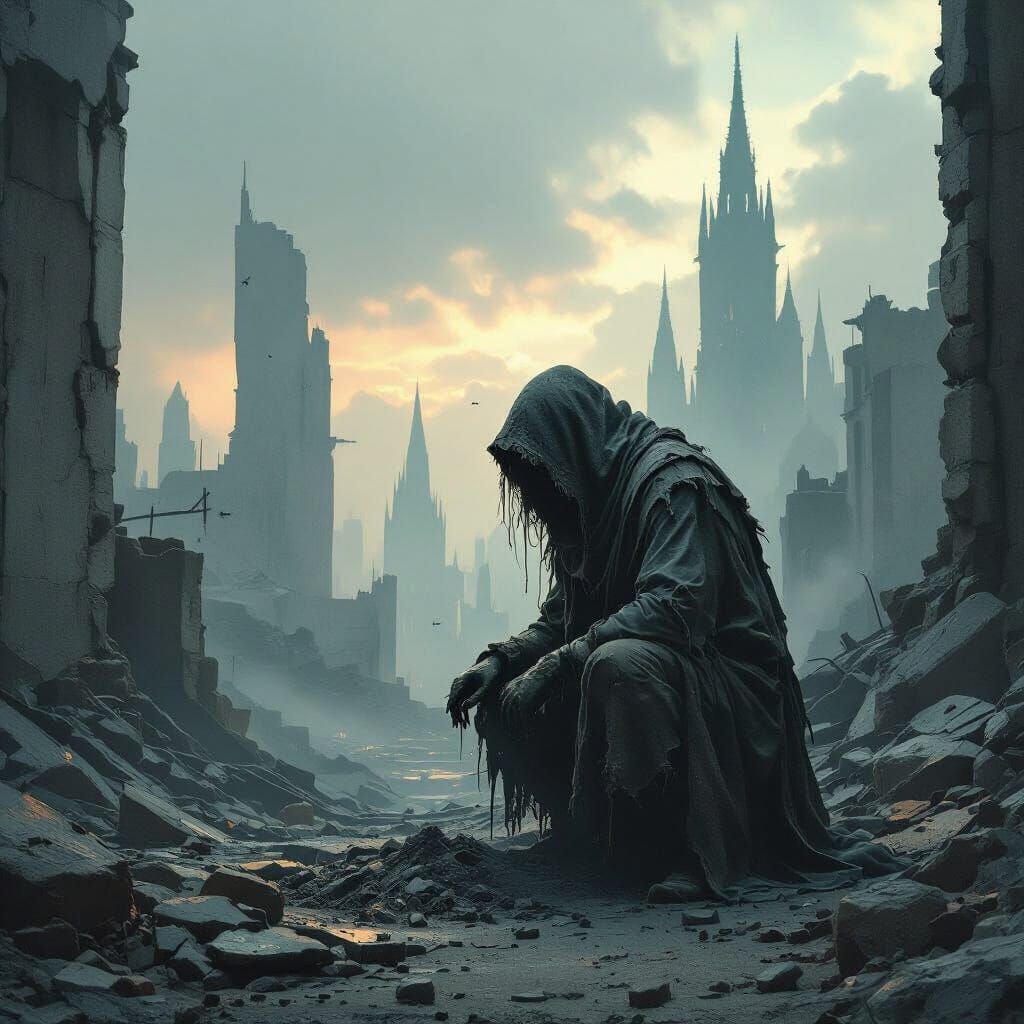 Scavenger in Ruined City Under Twilight Sky