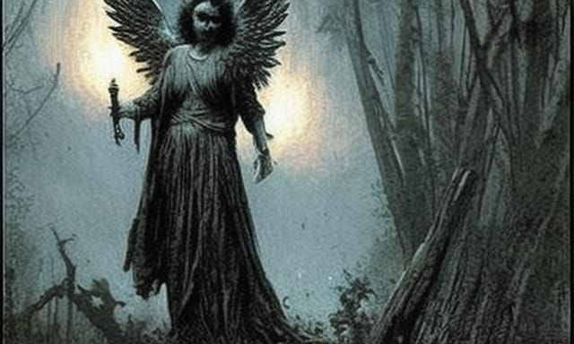 Angel of Death Beside Autumn Tree in Dramatic Horror Style