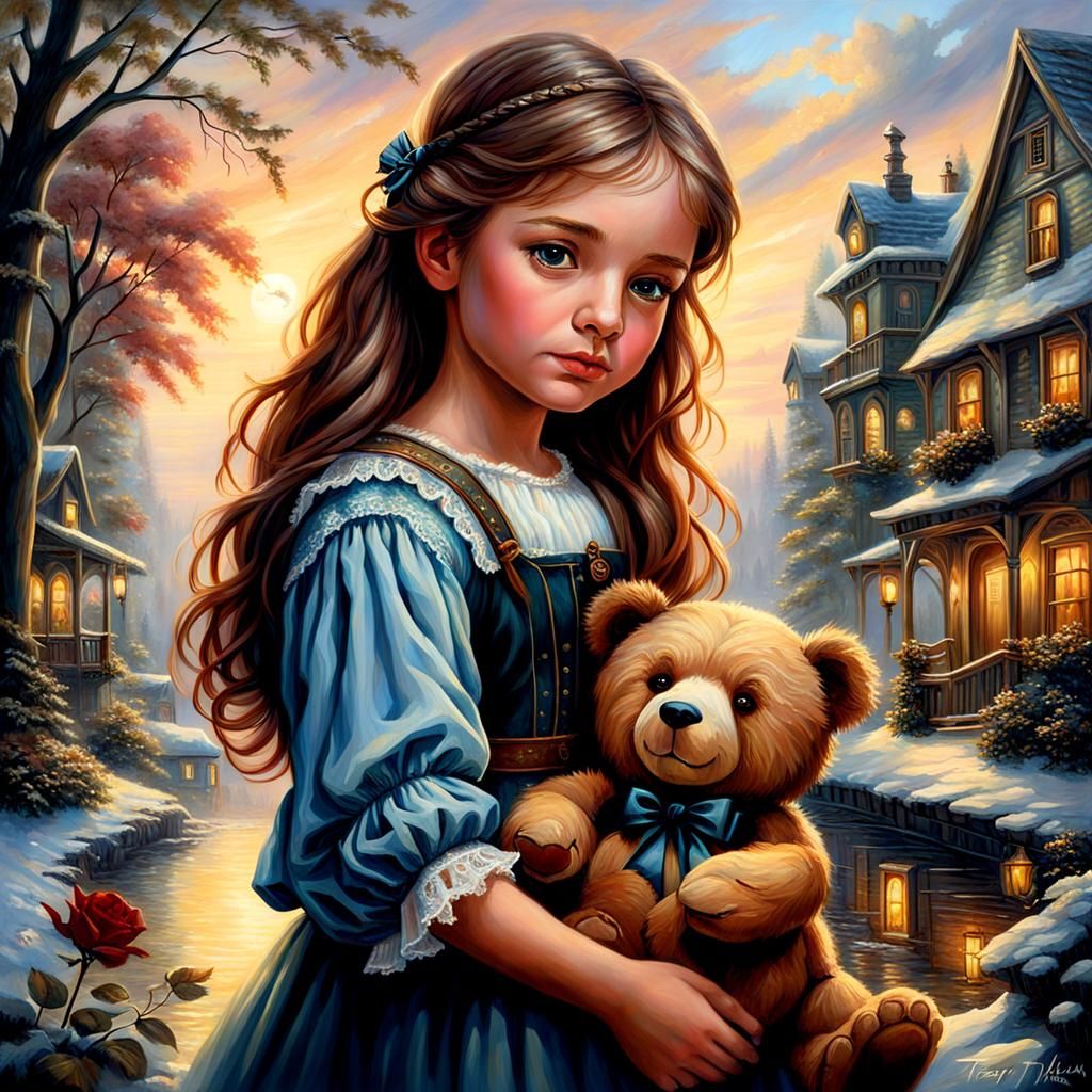 Young Girl with Teddy Bear: Romanticism Fantasy Art