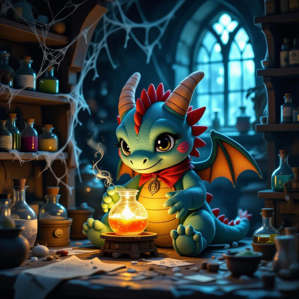 Plushie Dragon Crafts Glowing Potion in Dark Fantasy Worksho...