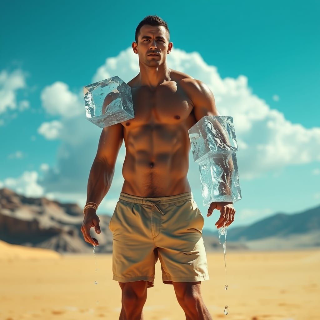 Muscular Man in Desert with Ice, Photorealistic Style
