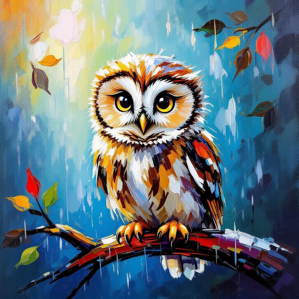 Joyful Baby Owl in Rain - Impasto Oil Painting Style