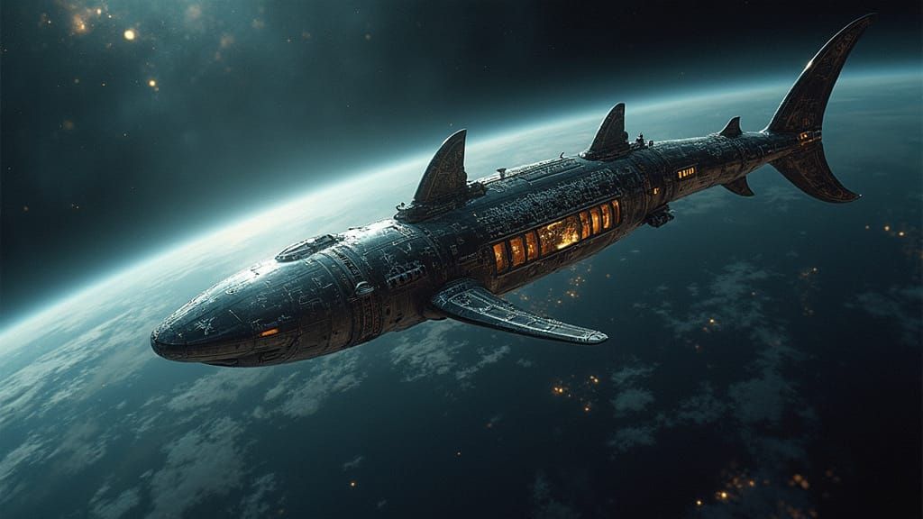 Steampunk Shark Spaceship Orbits Earth in Cinematic Film Sti...
