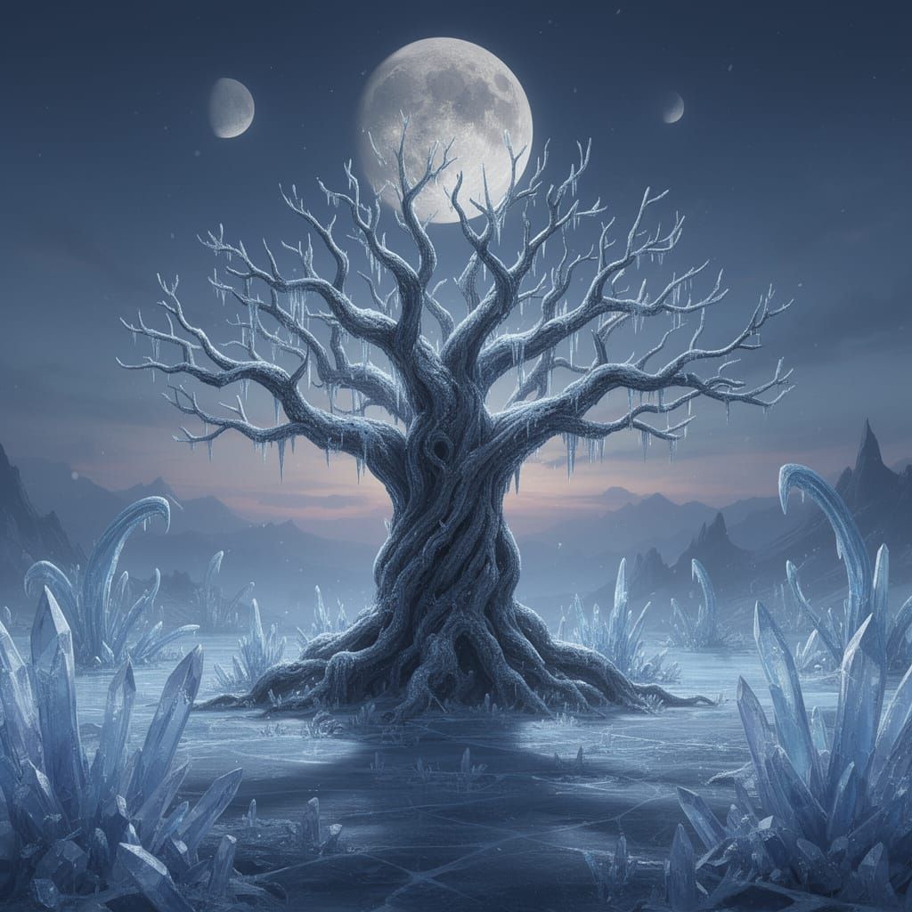 Ancient Ice-Coated Tree in Alien Twilight Landscape