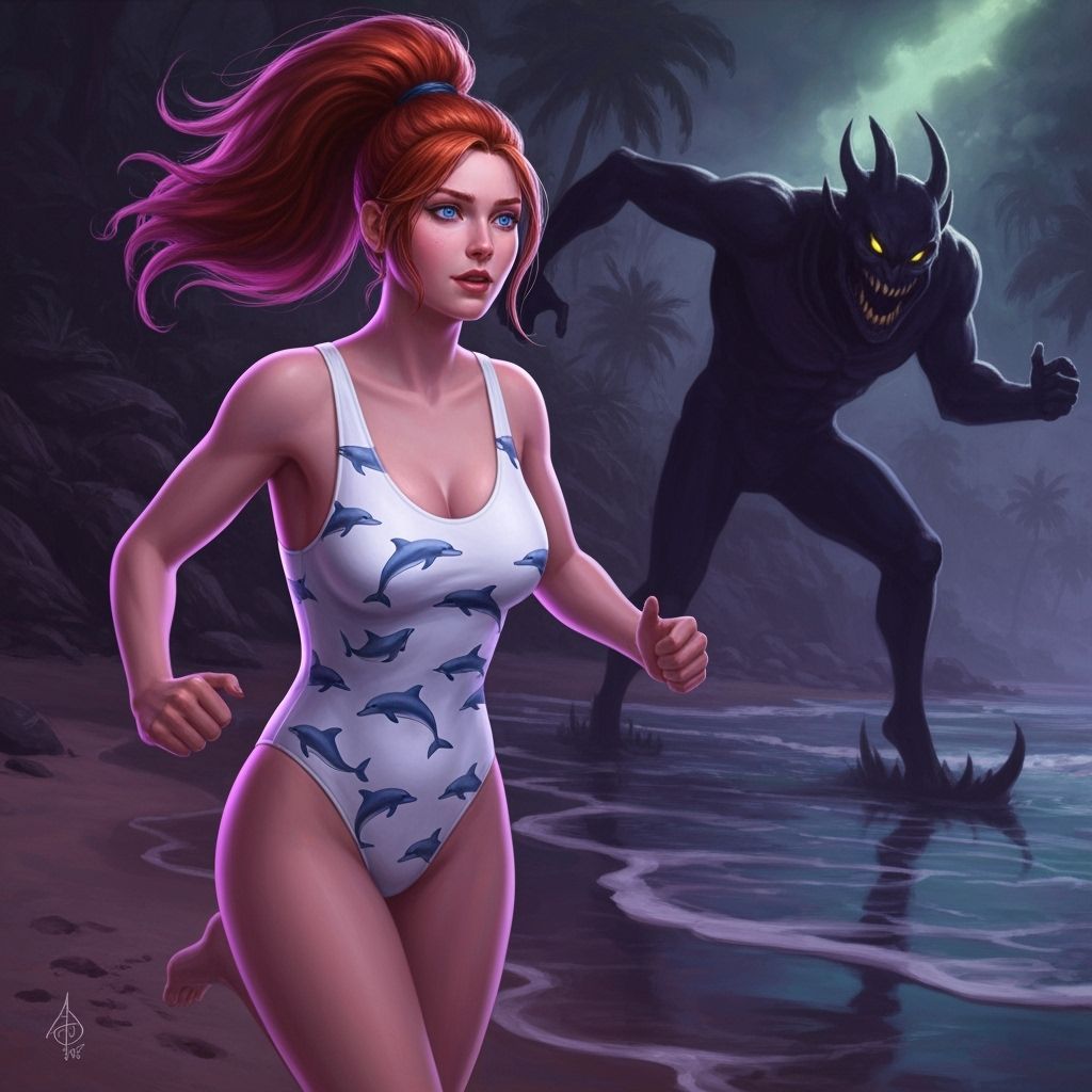 Woman Running from Monster on Beach, Dark Fantasy Art