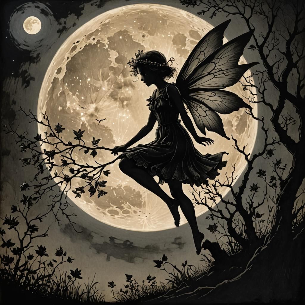 Spring Fairy Silhouette Under Full Moon, Vintage Illustratio...