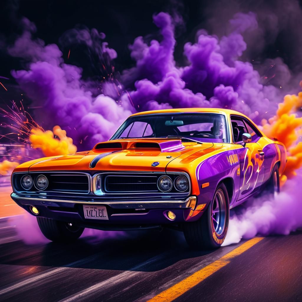 Plum Muscle Car Burnout: High-Octane Motorsport Illustration