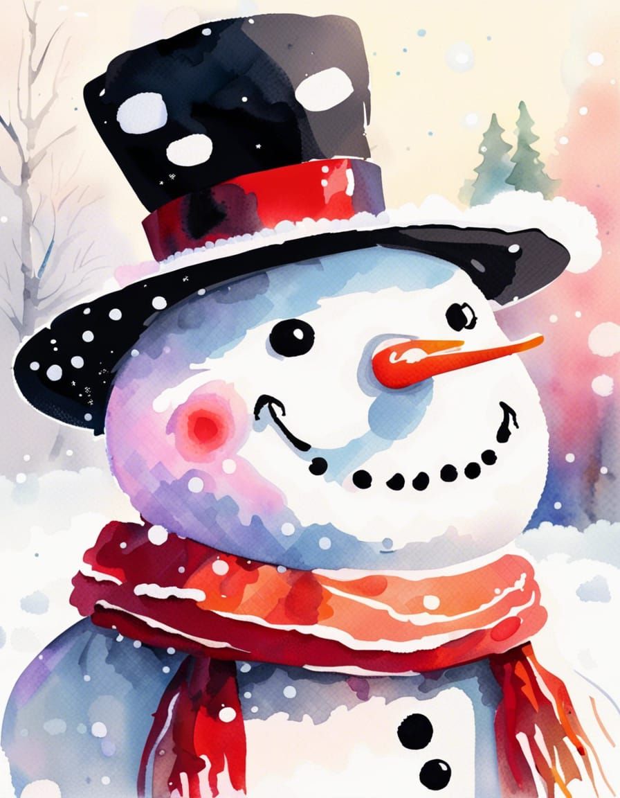 Smiling Snowman Portrait in Gouache Watercolor Style