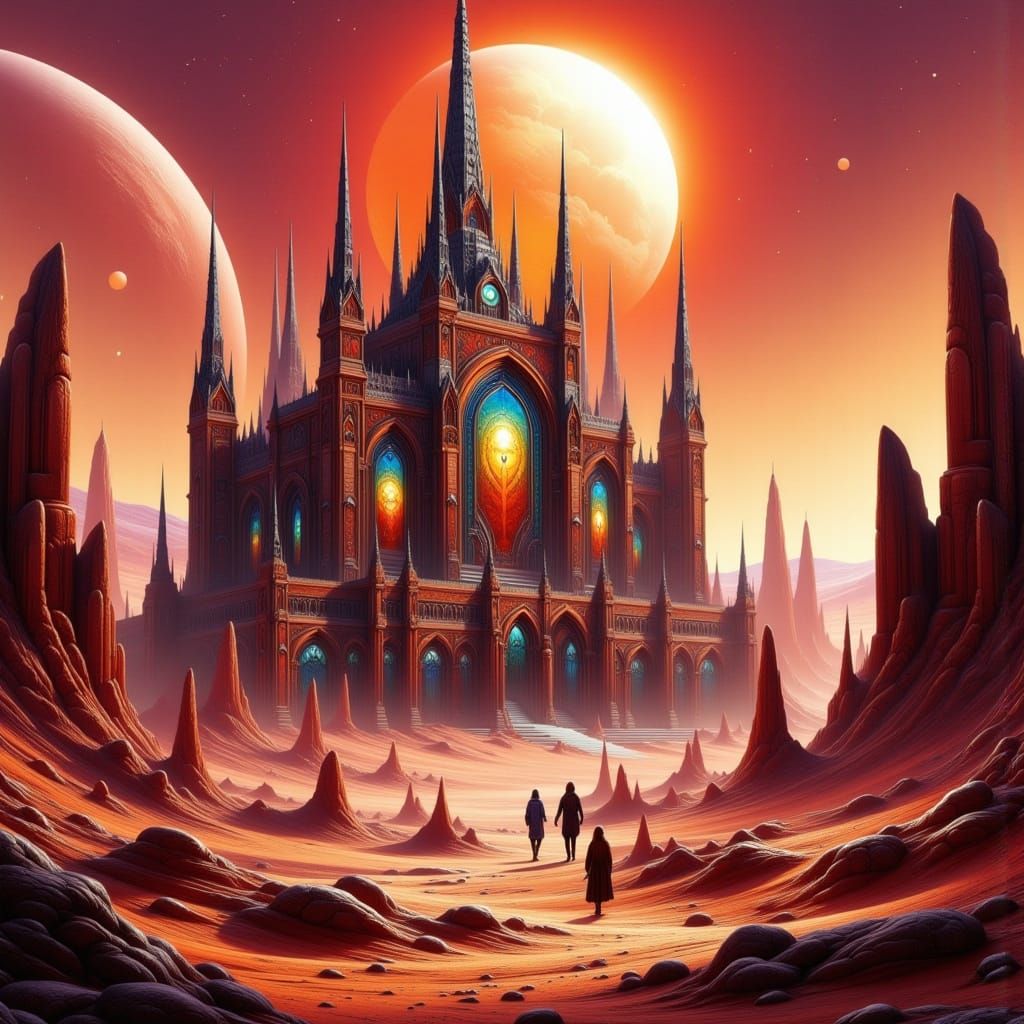 Cyberpunk Martian Cathedral in Vibrant Stained Glass
