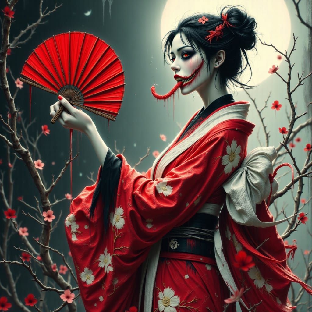 Yokai Girl in Red, White, Black Kimono with Fan