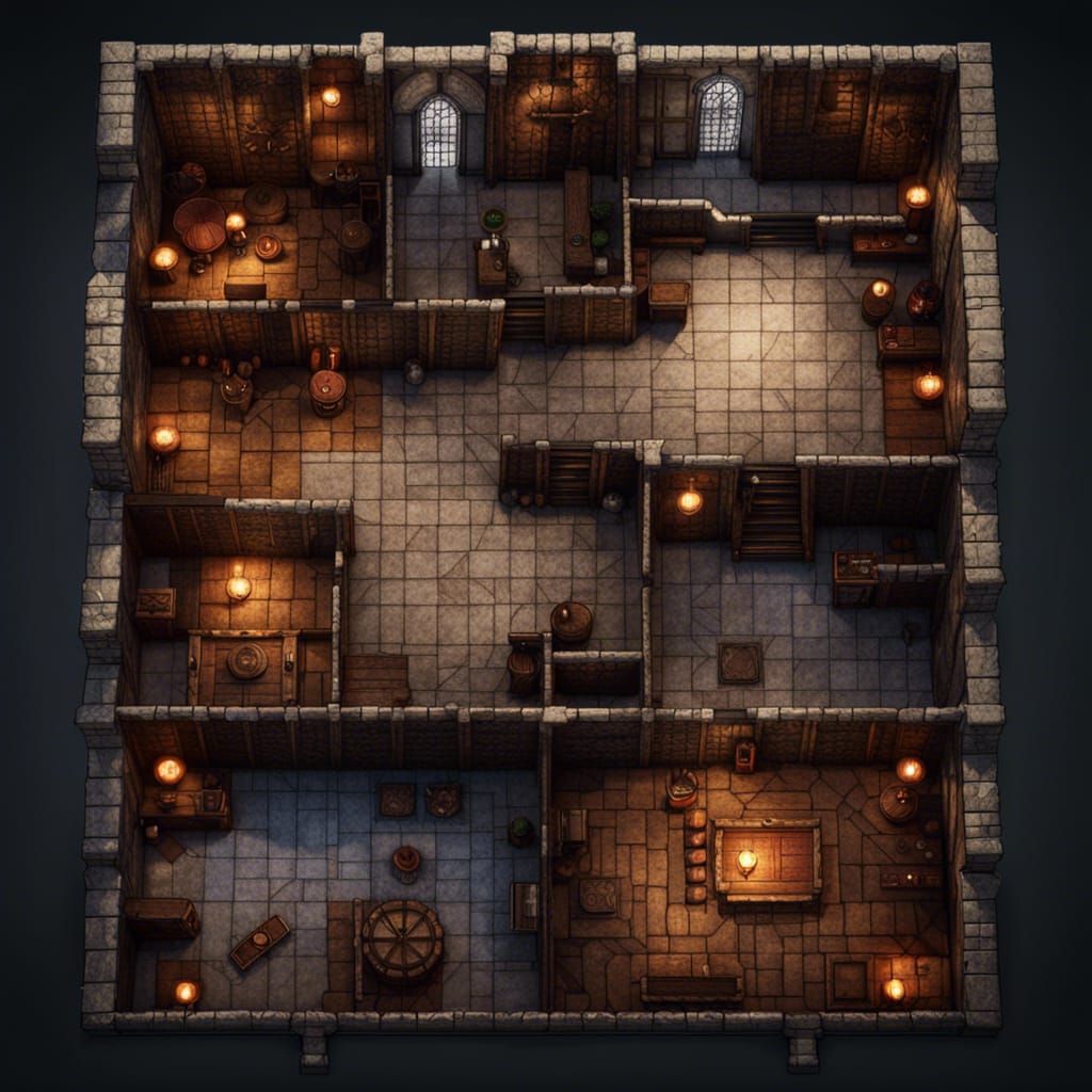 Realistic RPG Dungeon Floor Plan in Dark Fantasy Style