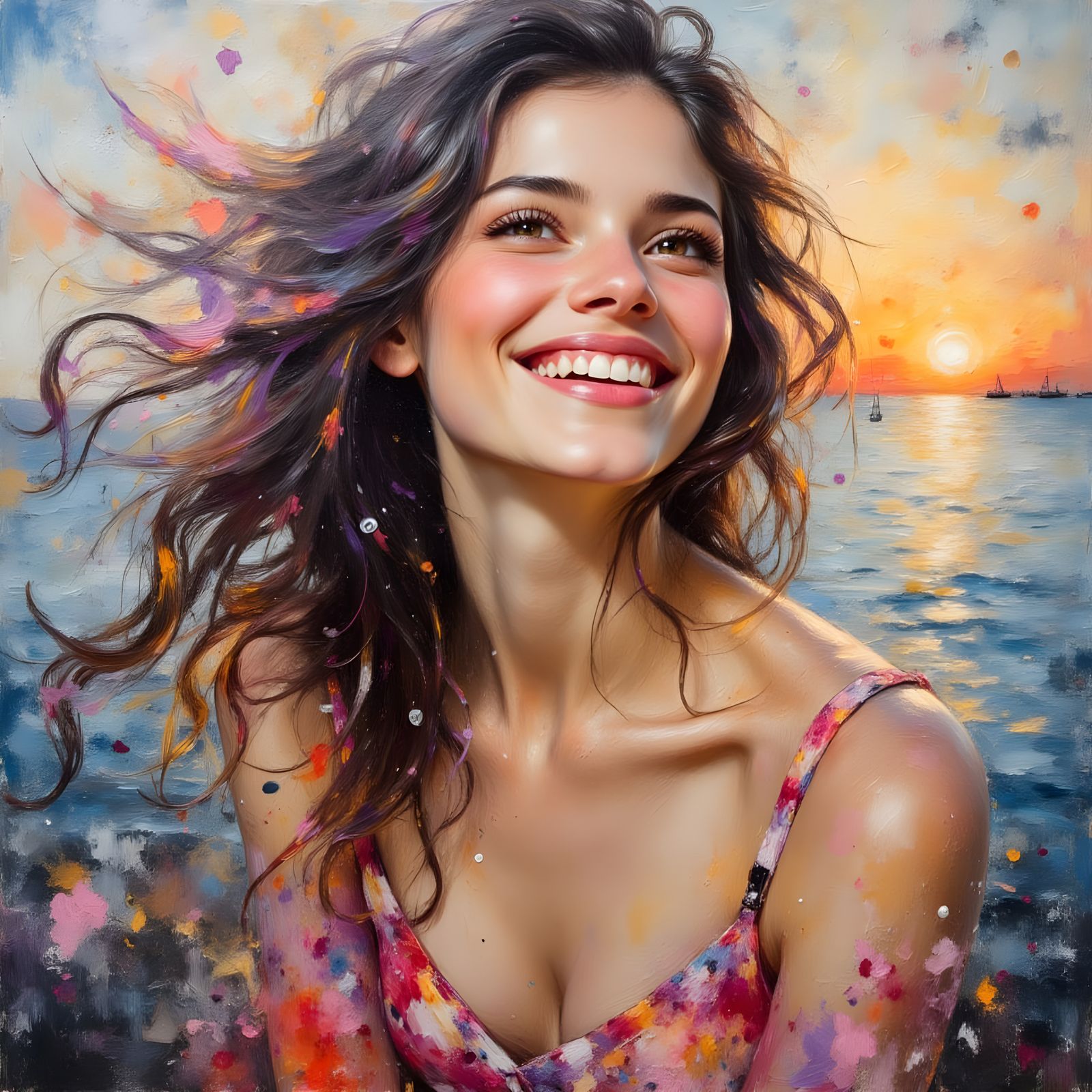 Ethereal Woman by Seaside in Impressionistic Oil Painting St...