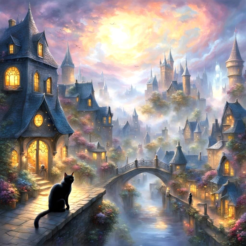 Fantasy Black Cat in Hyperdetailed Fairy Tale City