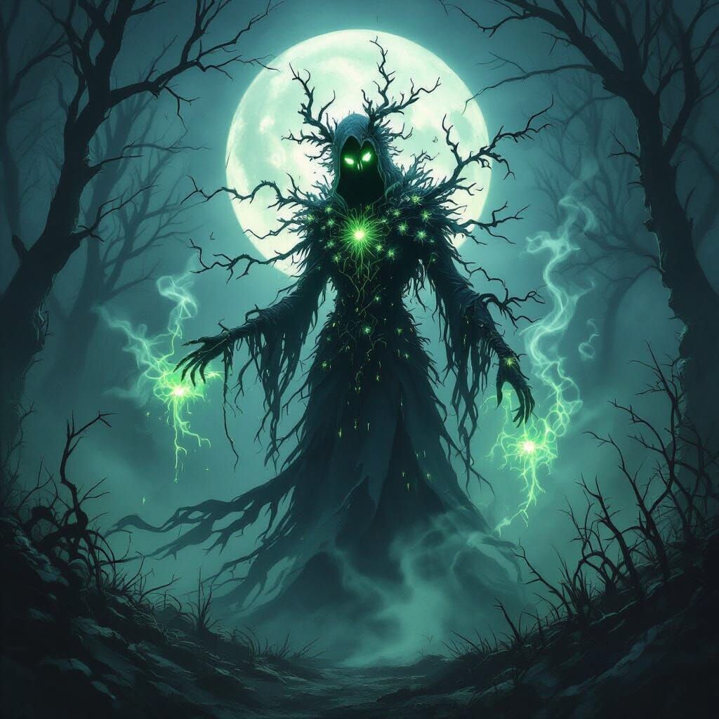Spectral Blossom Figure in Dark Fantasy Forest
