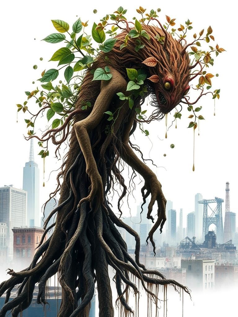 Root Creature in Dystopian Cityscape, Surrealist Style