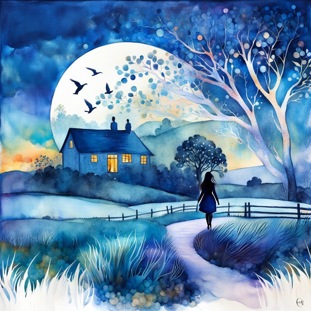 Woman in Countryside: Double Exposure Watercolor Illustratio...