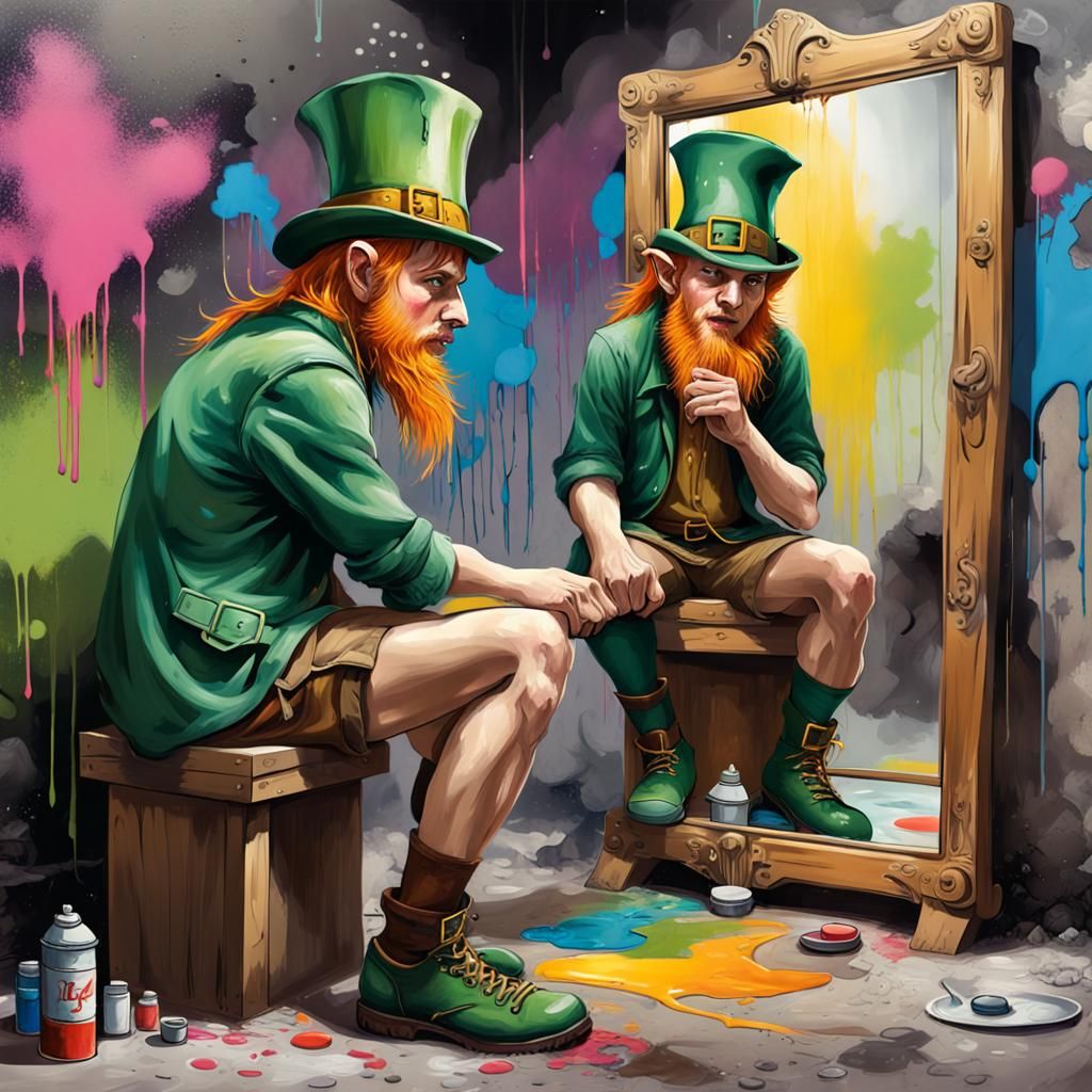 Elf Adjusts Leprechaun Hat: Graffiti Street Art