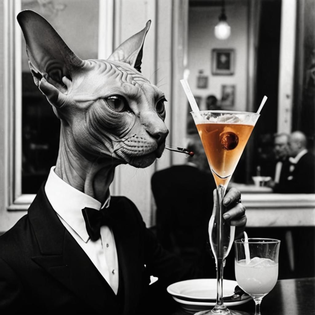 Hairless Cat Drinks Martini in Vintage Photo