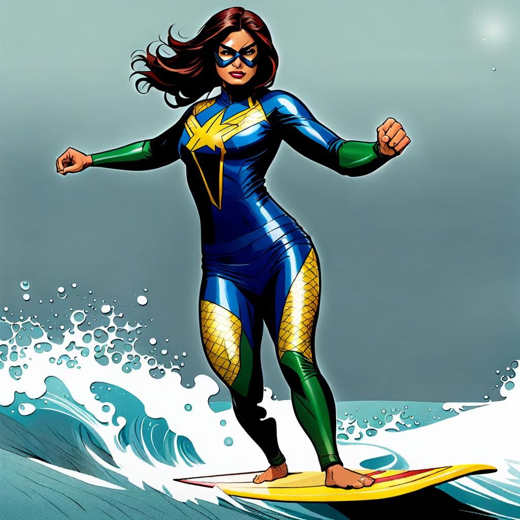 Miss Marvel Rides the Waves Surfing