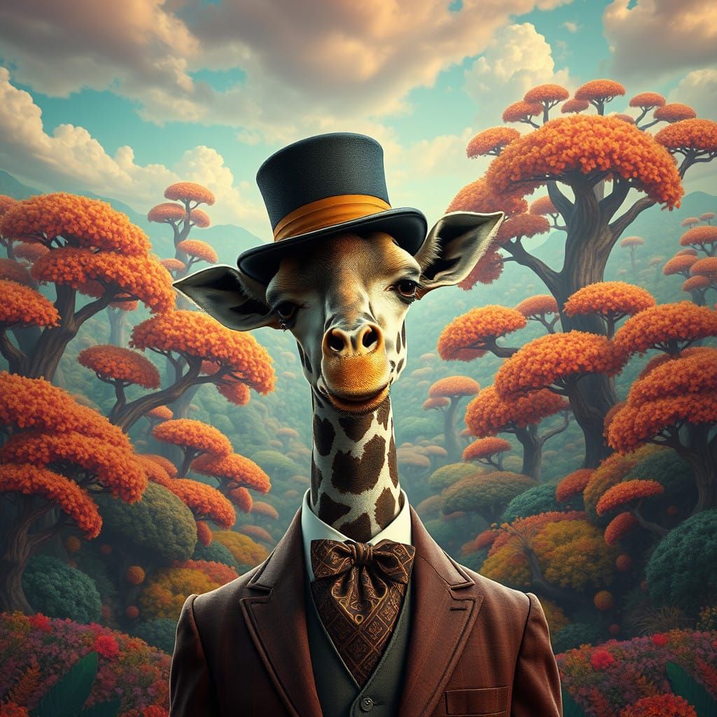 Giraffe in Formal Attire with Whimsical Background
