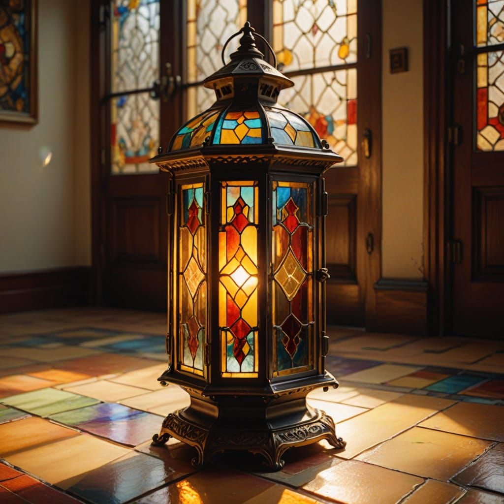 Victorian Lantern Casts Colorful Light: Oil Painting