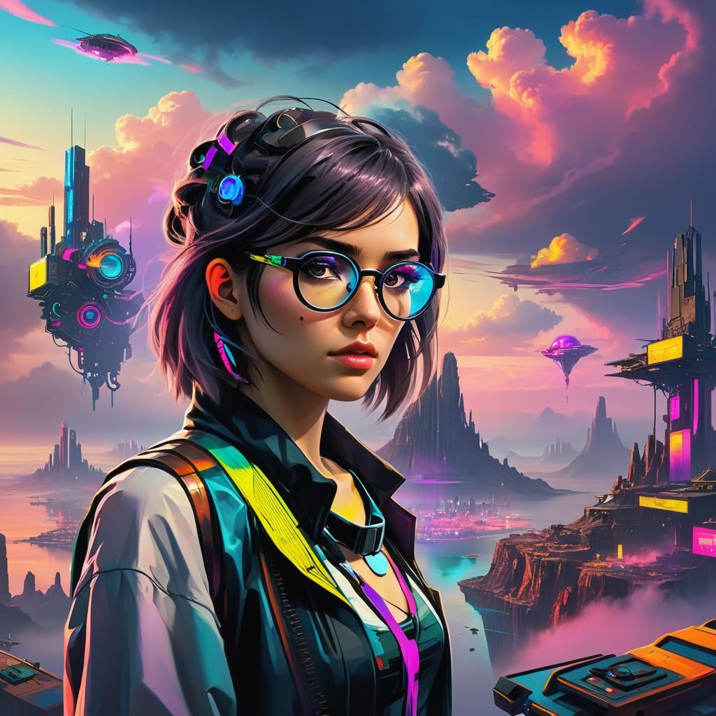 Cyberpunk Girl with Monocle in Fantastic Landscape
