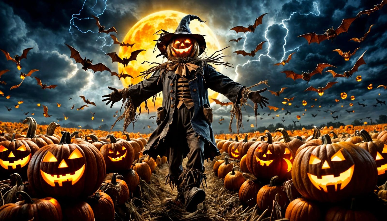 Creepy Scarecrow Under Harvest Moon