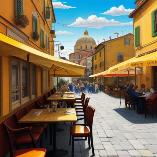 Vibrant Italian Cafe in Multilayered City