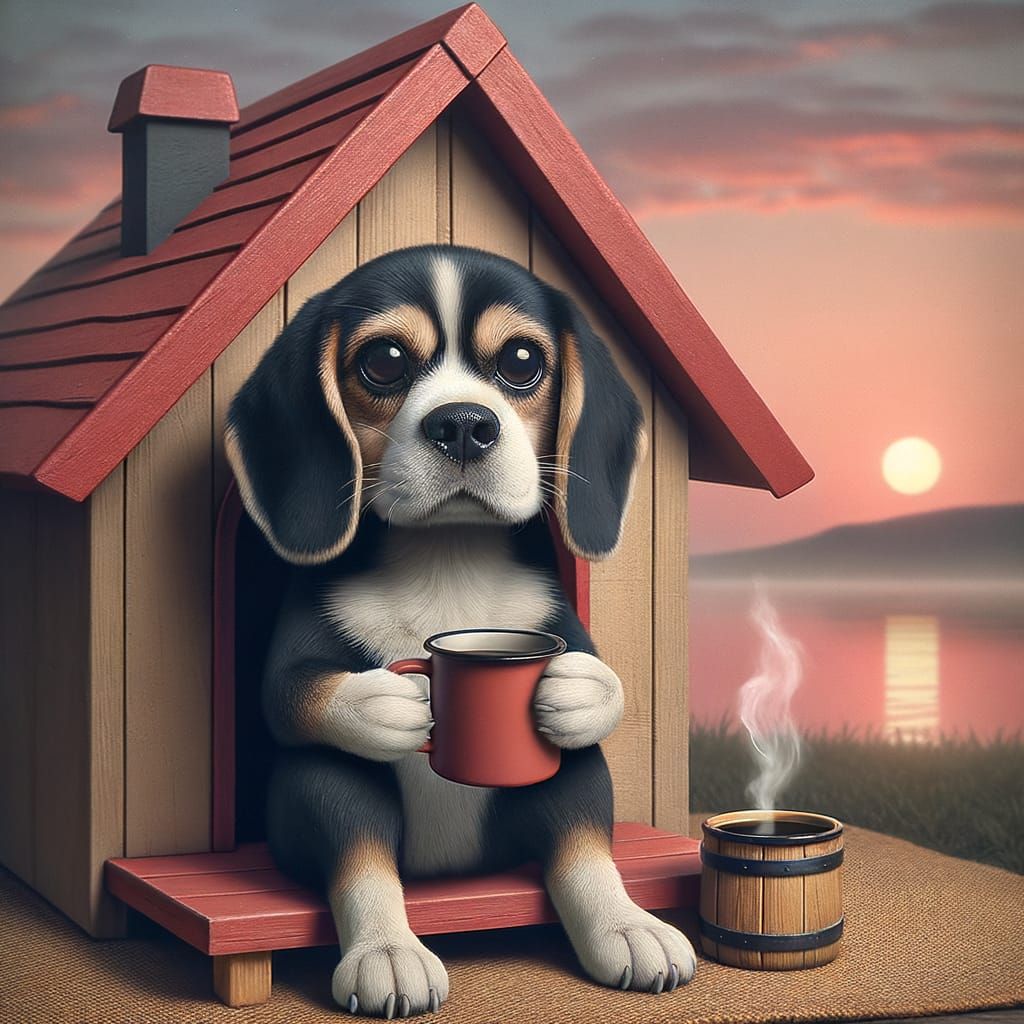 Beagle Enjoys Morning Coffee on Doghouse