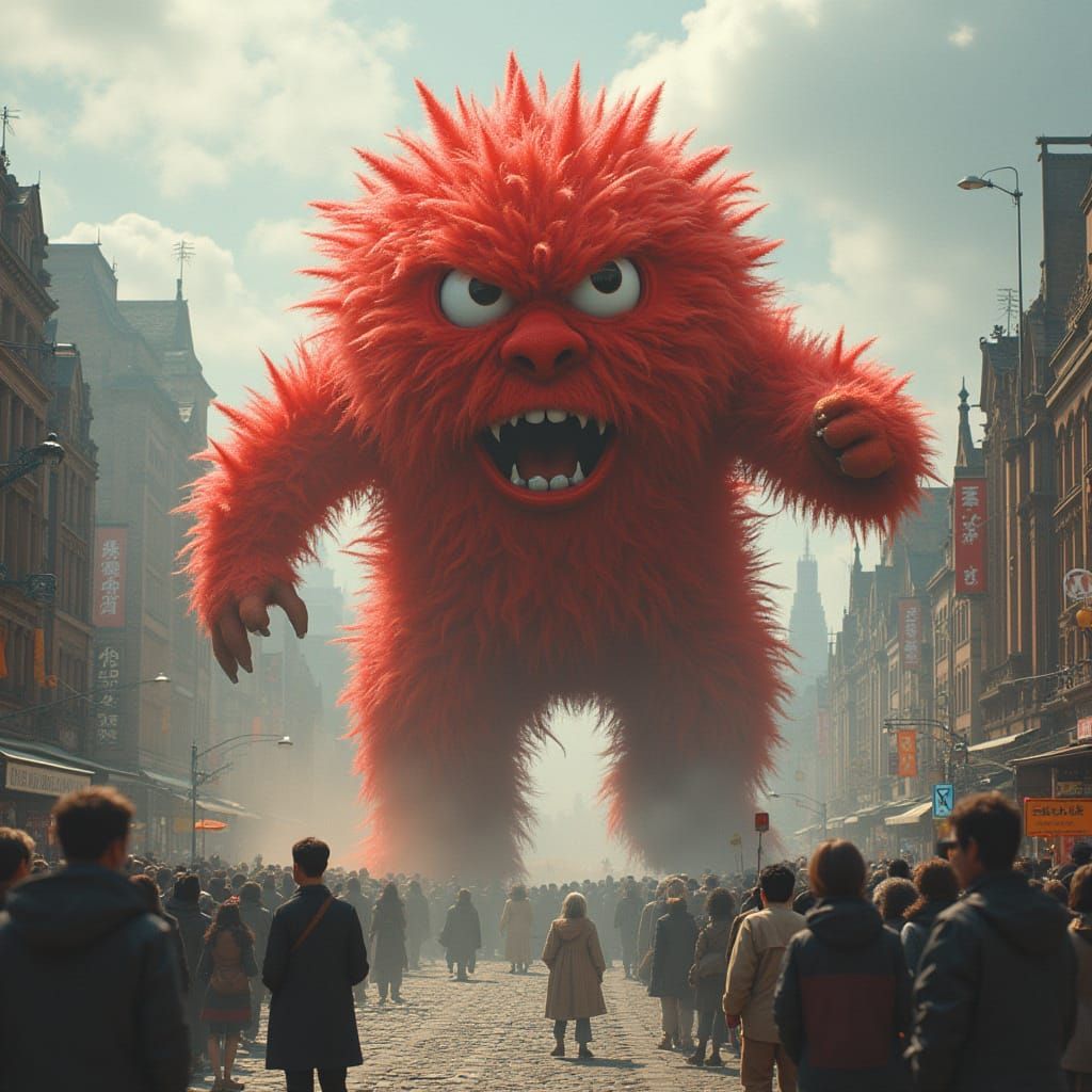 a pom pom kaiju threatens a city
