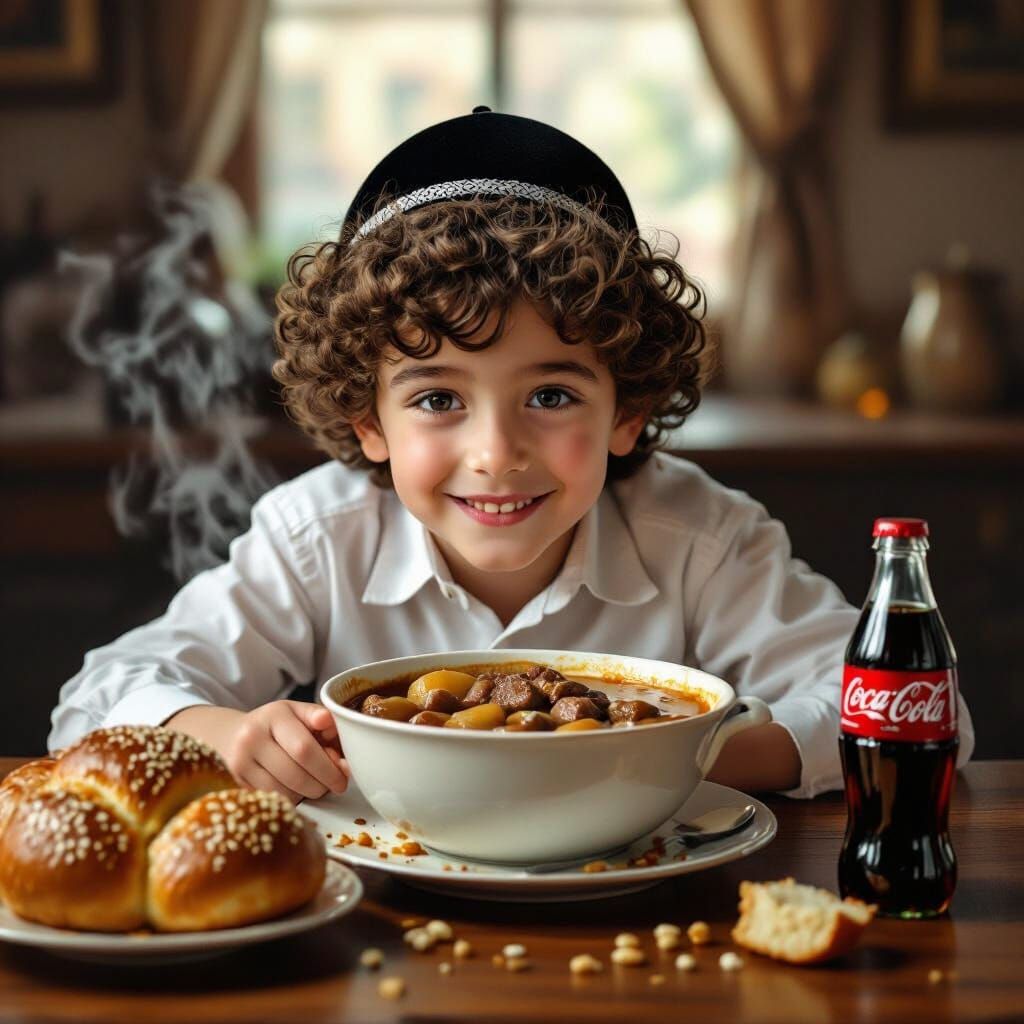 Joyful Boy With Curly Peyot Gazes At Steaming Shabbat Cholen...