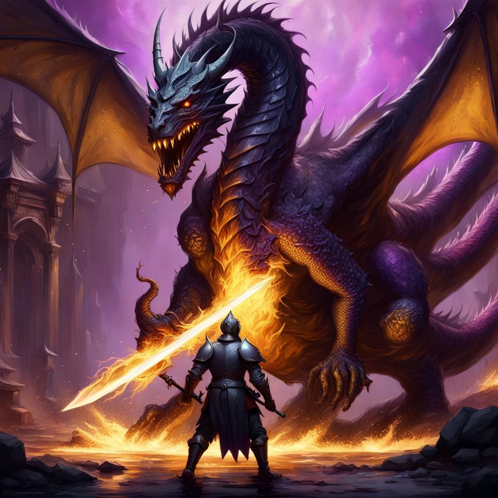Epic Knight vs. Dragon in Dark Fantasy Style