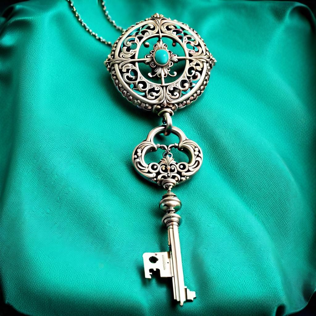 Ornate Silver Chatelaine on Turquoise Satin