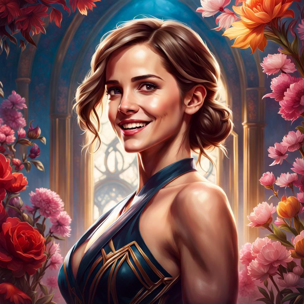 Actress Emma Watson surrounded by flowers