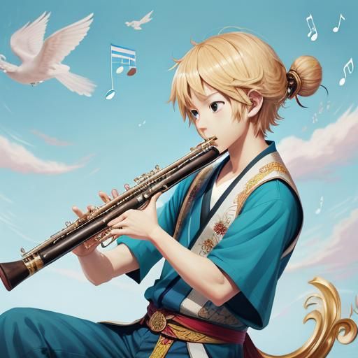 Anime Style Flute Player with Musical Notes