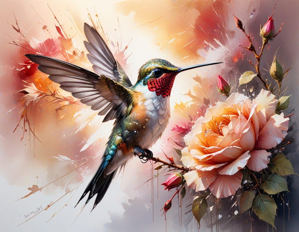 Hummingbird on Rose in Watercolor Sunset