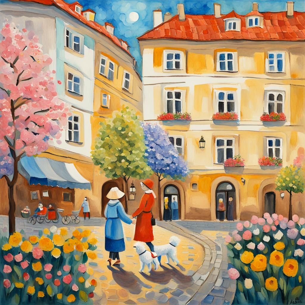 Prague Spring: Gouache Watercolor of Mother and Child